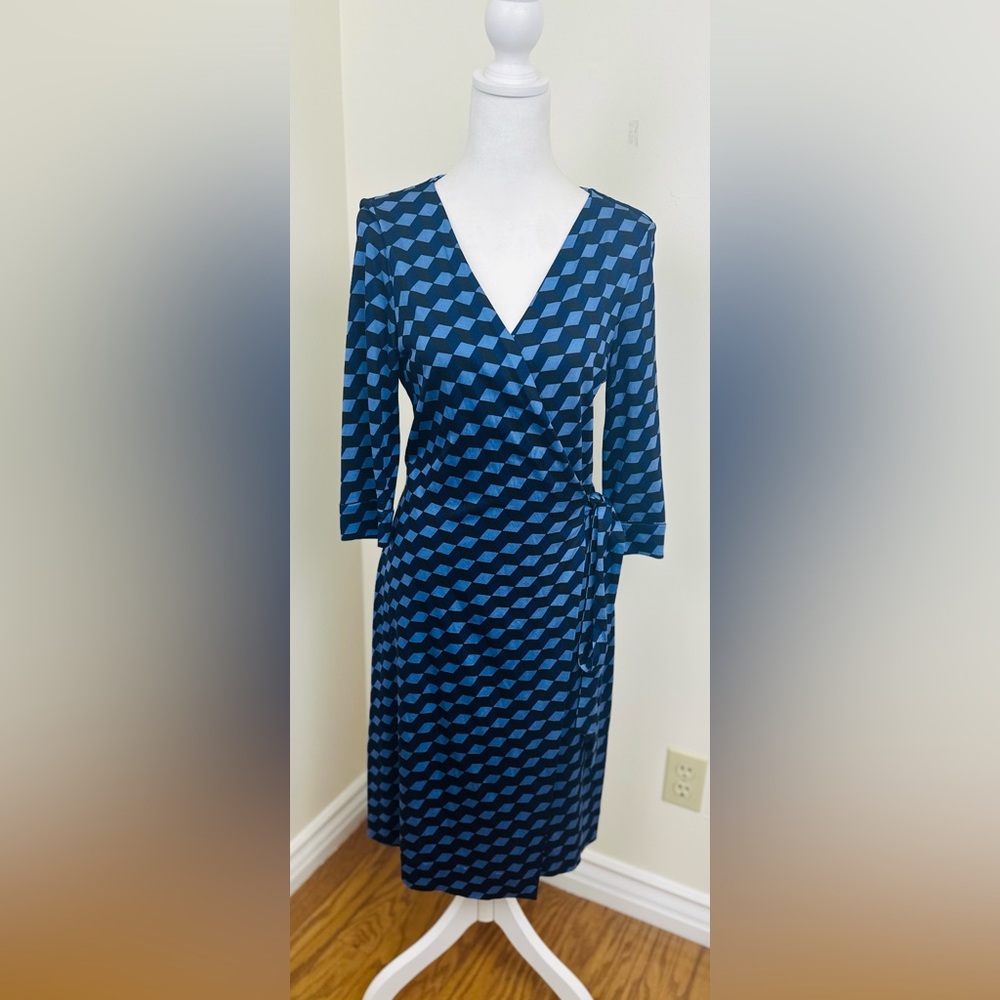 Diane Von Furstenberg Blue Long Sleeve  Wrap Dress